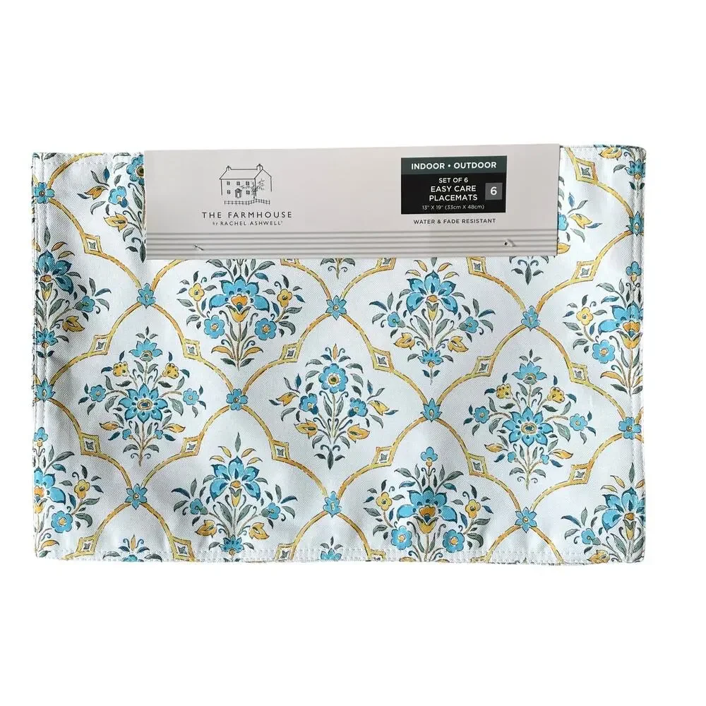Rachel Ashwell Farmhouse Floral Placemats 13x19 Yellow Blue White Set of 6 NEW